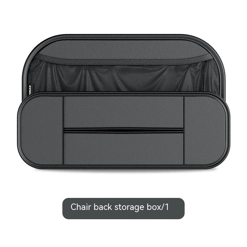 Black leather car seat storage bag with dimensions 36cm wide by 8cm tall by 24cm deep