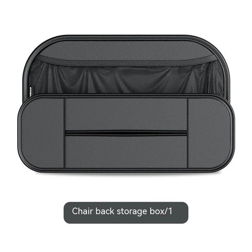 Black leather car seat storage bag with dimensions 36cm wide by 8cm tall by 24cm deep