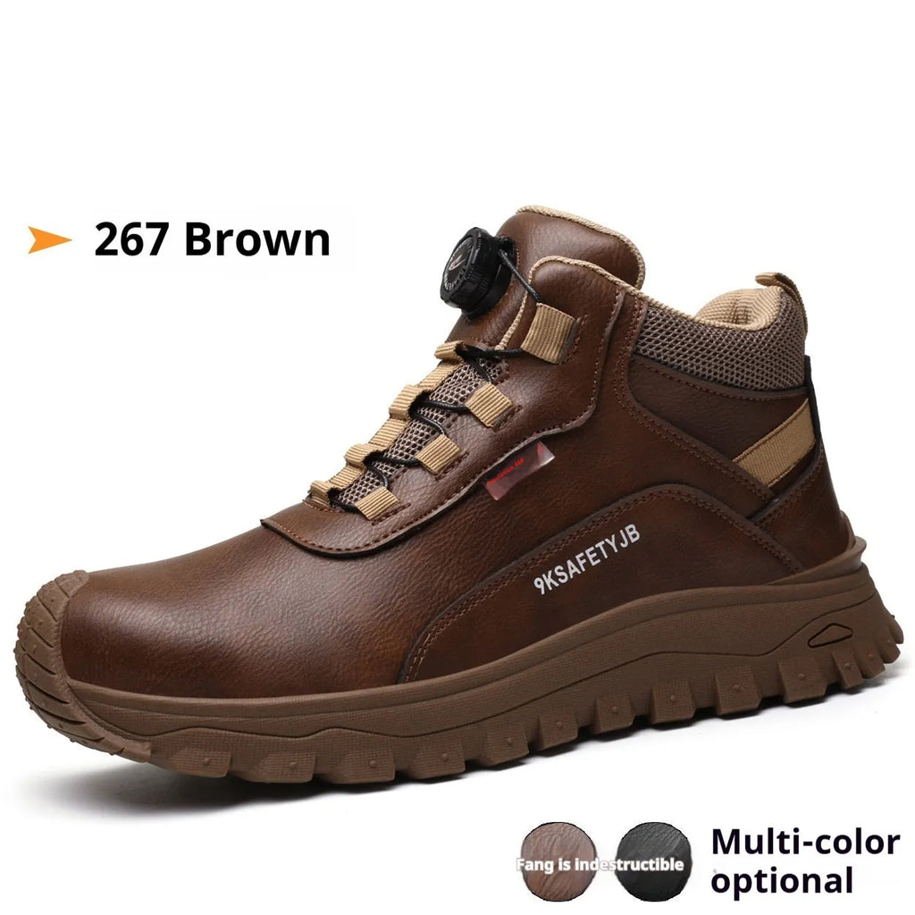 Work shoes with Flyknit construction, leather upper, and rubber sole available in multiple colours and sizes