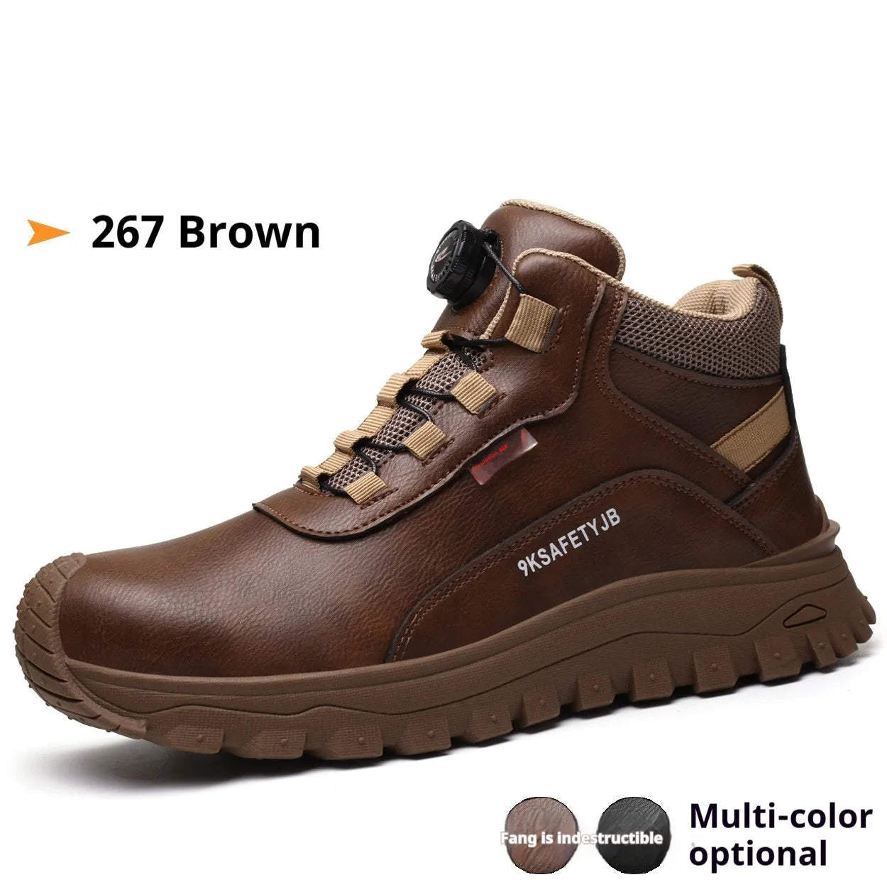 Work shoes with Flyknit construction, leather upper, and rubber sole available in multiple colours and sizes