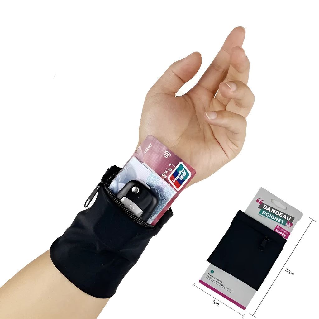 Wrist bag armband sleeve measuring 10 by 10.5 cm with OPP and cardboard packaging