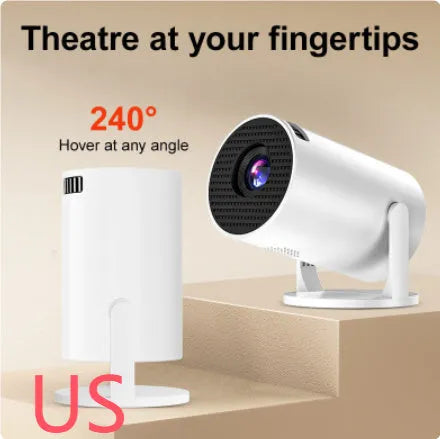 White mini wireless portable HD projector for home cinema use on a wooden table