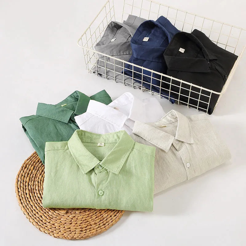 Long sleeve loose fit linen shirt in a solid colour, styled as a Chinese cardigan.