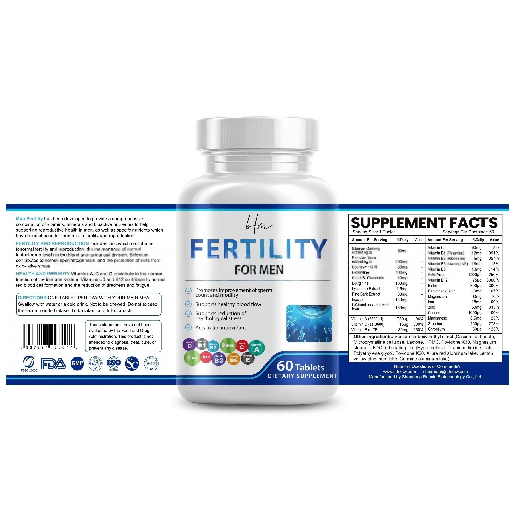 Bottle of 60 male fertility tablets with COMLEX vitamin mineral amino acids supplement