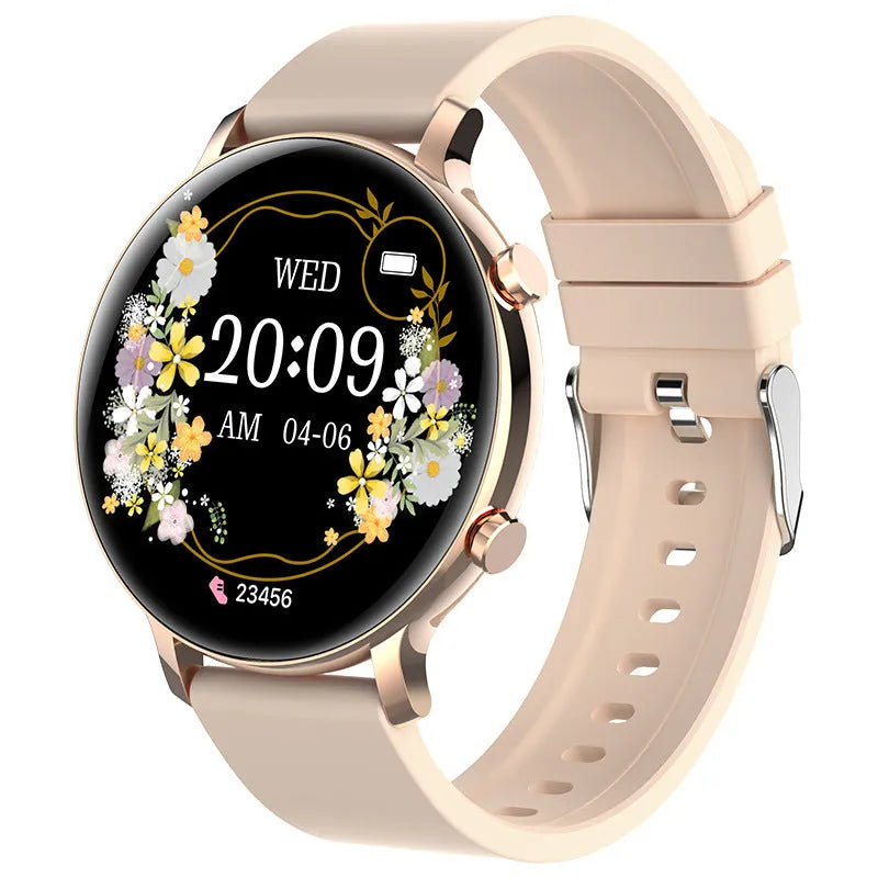 Bluetooth smartwatch with stainless steel strap showing call function and health metrics on screen.