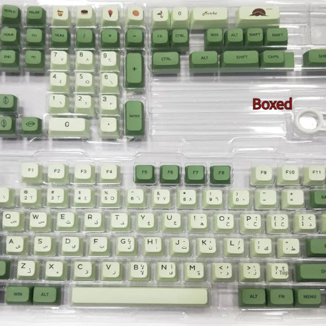 124 Key Matcha green PBT sublimation keycap set for mechanical keyboards laid out flat.