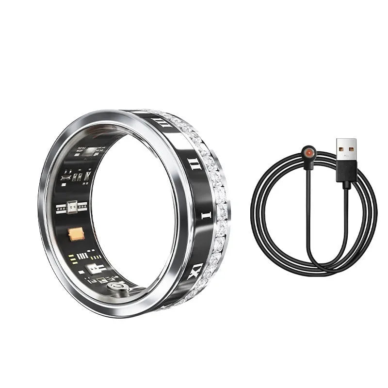 Silver and gold smart rings with diamond inlay displaying blood oxygen monitoring functions
