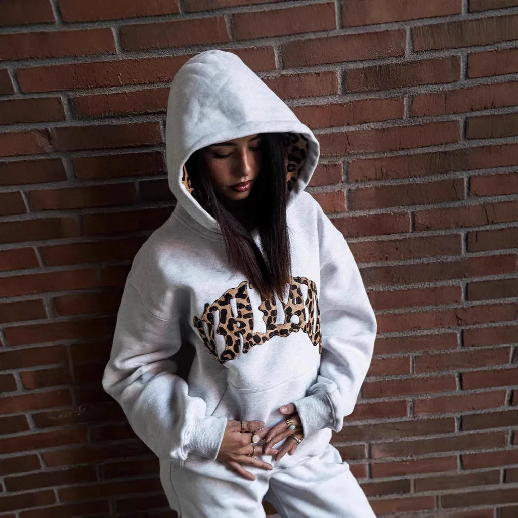 Leopard print letter embroidery street casual trousers hoodie set polyester three-piece suit black light gray