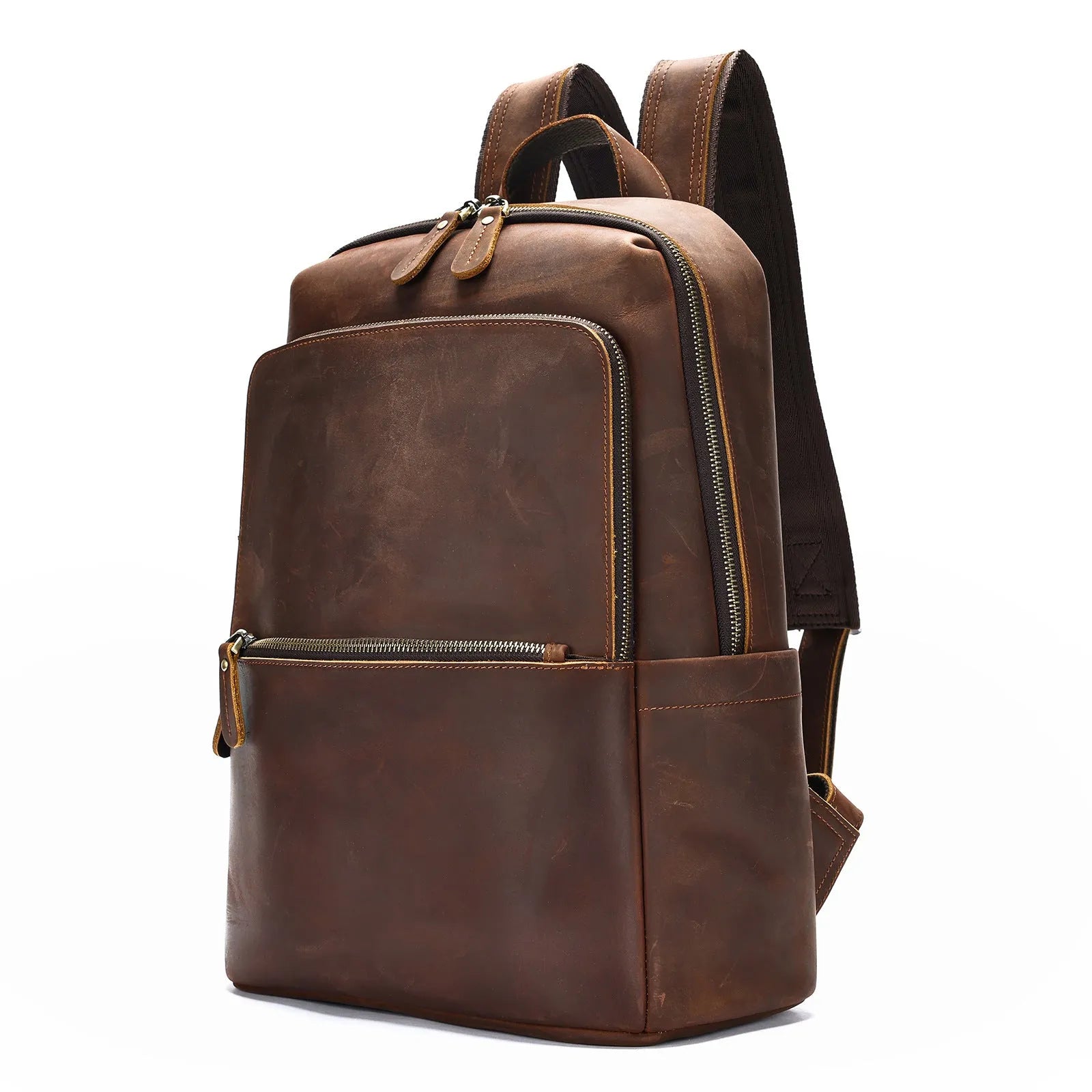 Men's genuine leather backpack in black, first layer cowhide, with a top handle and zipped main compartment