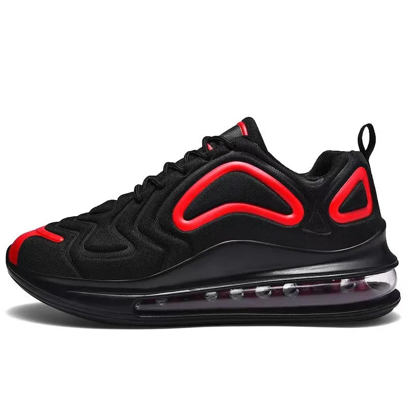 Men's black air cushion sneakers with artificial PU upper, plastic sole, and lace-up design for outdoor running