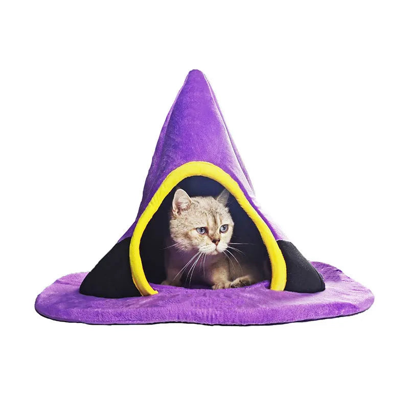 Purple Halloween witch hat shaped cat bed measuring 60cm by 45cm