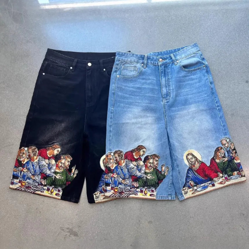 Blue men's cotton shorts with a Jesus design printed on the back pocket, showing tapered leg fit.
