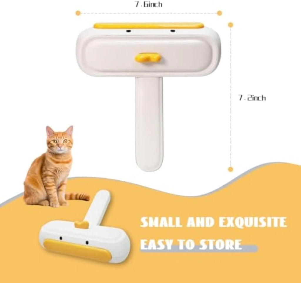 Portable yellow duck pet hair remover tool with polyester bristles for furniture and car seats.