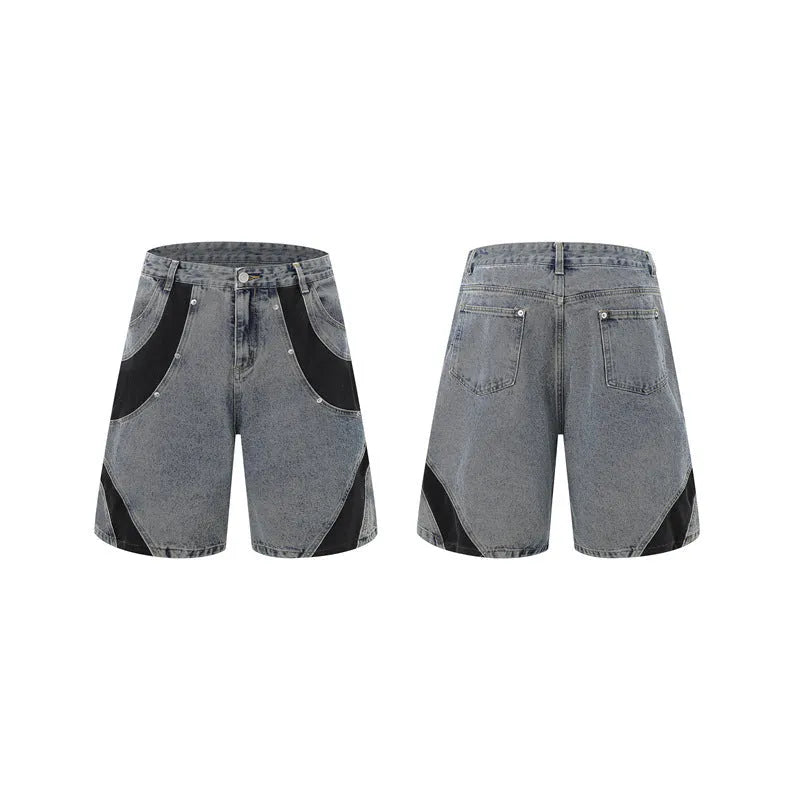 Retro washed blue denim short-sleeve jacket and matching trousers suit laid flat.