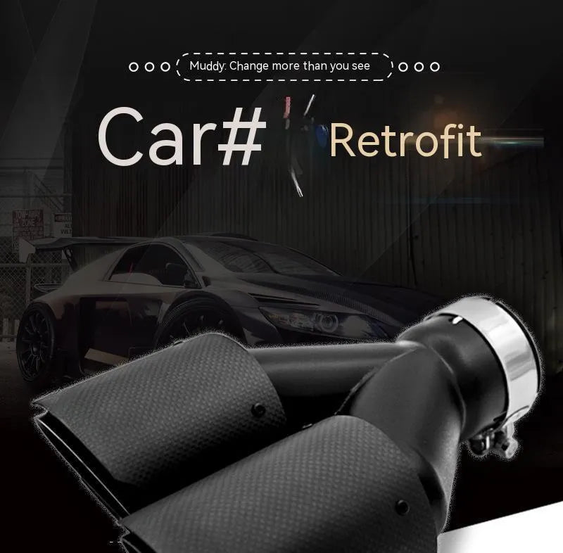 Black carbon fibre car exhaust pipe with two-tail-one-nozzle silencer design and double outlet configuration