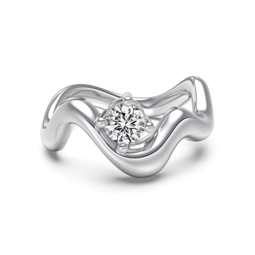 Women's metal single diamond smooth wave line open ring in silver electroplate finish