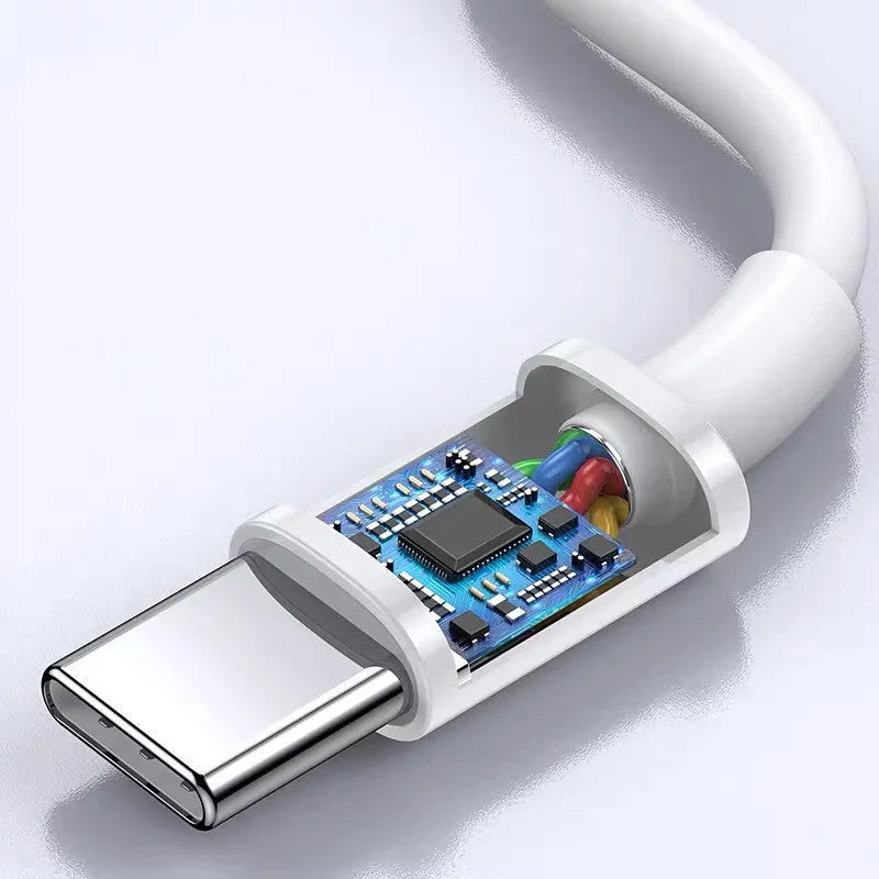 White USB C fast charging cable 18W 20W PD with single-head connector on a clean background