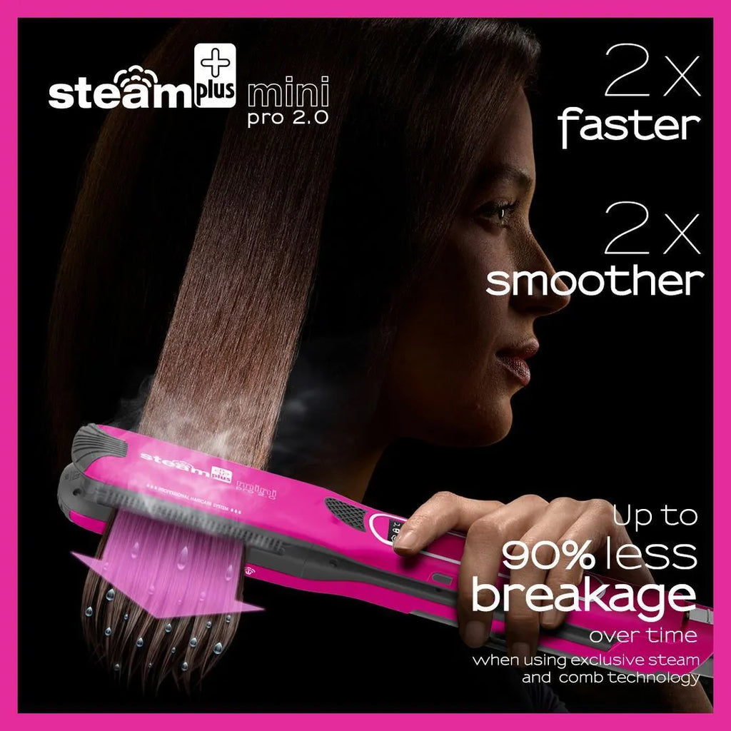 Mini steam spray hair straightener and curling iron in purple, rose red, or champagne colour with wired power cord.