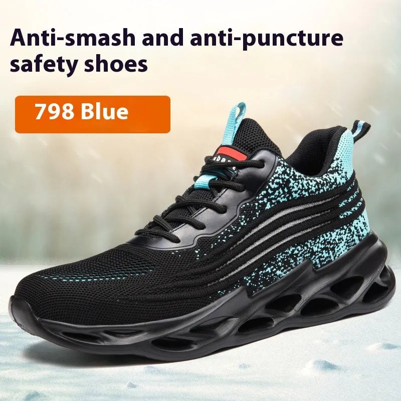 Brown leather anti-smash lightweight safety work shoes with a rubber sole on a grey background