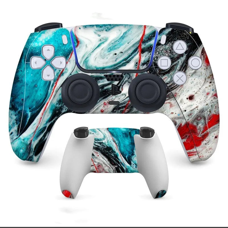 Set of front and back anti-scratch protective stickers for a PS5 controller.