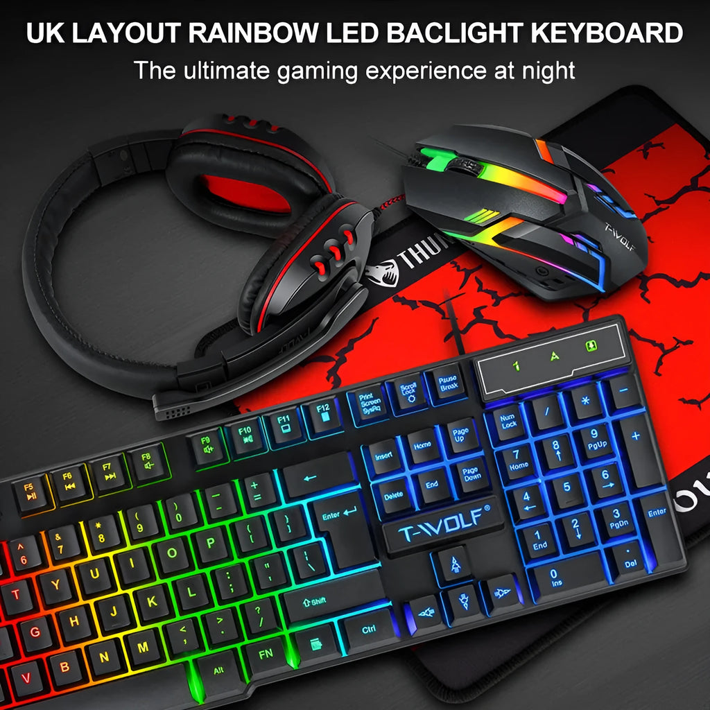 Thunder Wolf gaming keyboard and mouse bundle with wired USB connections, headset and mouse pad