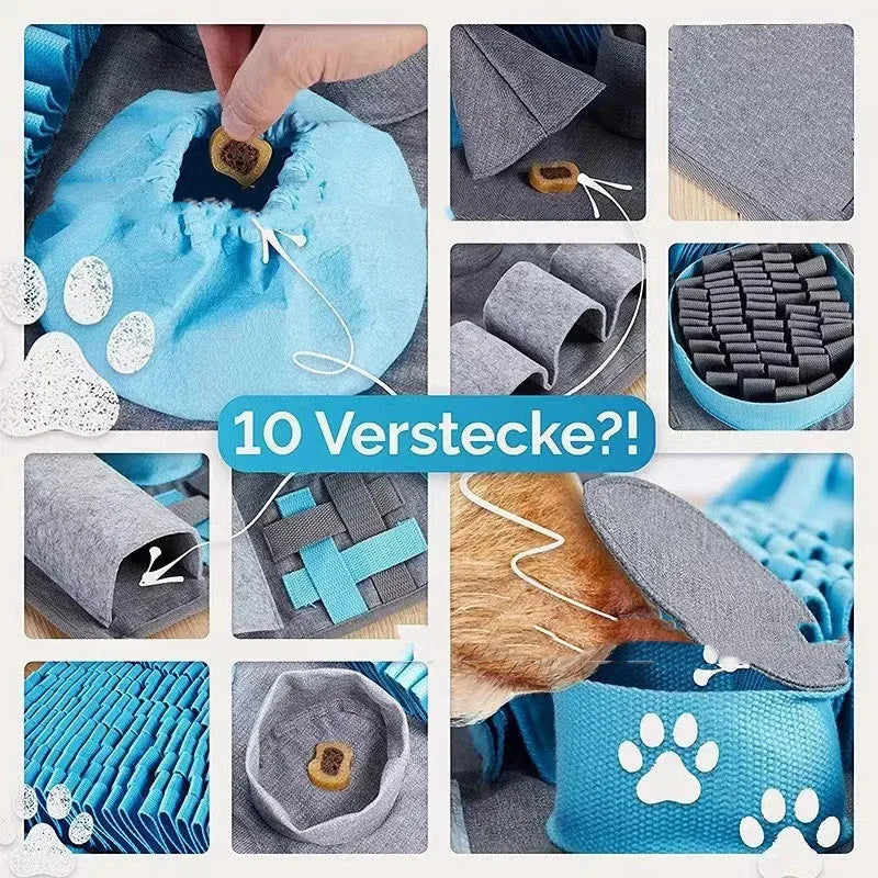 Dog sniffing pad with felt tunnel maze for hidden treat finding activity