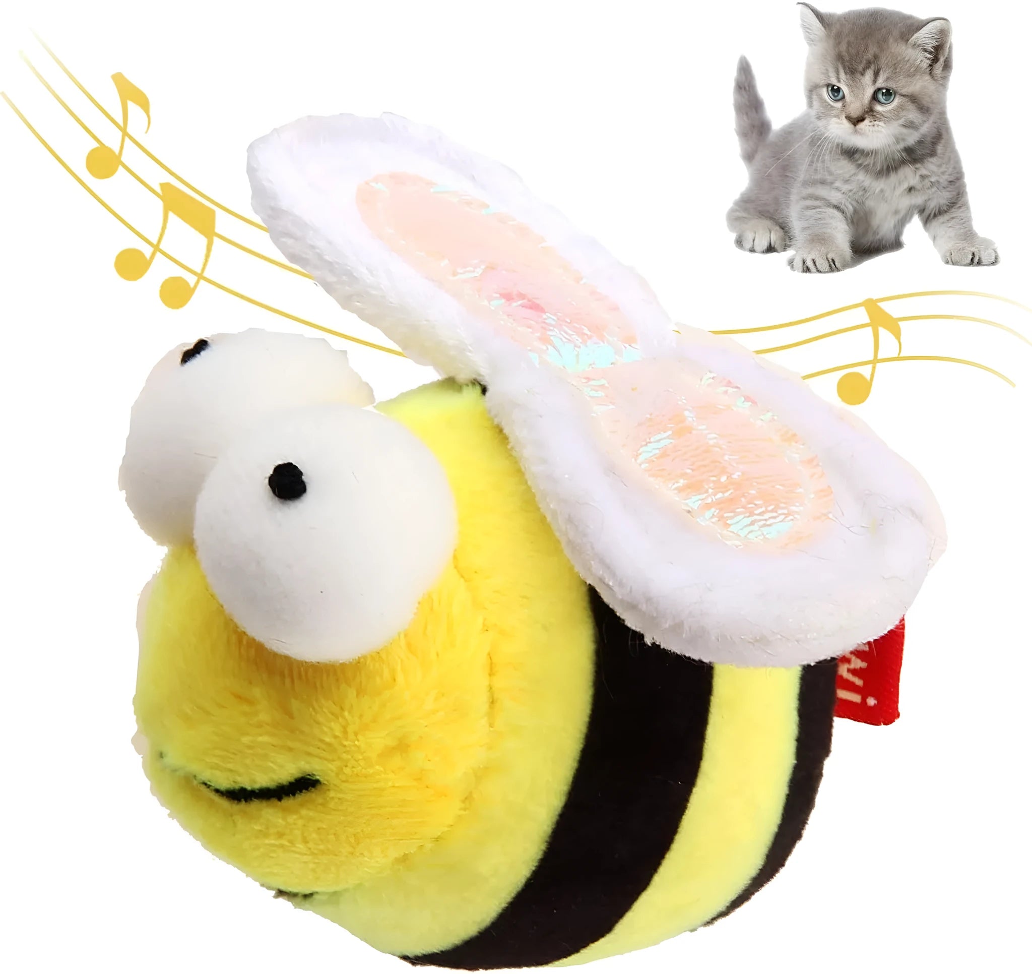 Yellow bee-shaped electronic cat toy with motion-activated squeaking sound