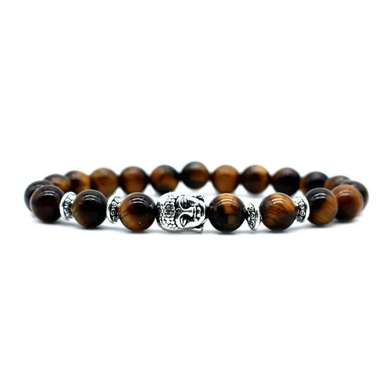 Handcrafted amethyst Buddha head bracelet with tiger eye beads measuring 19mm