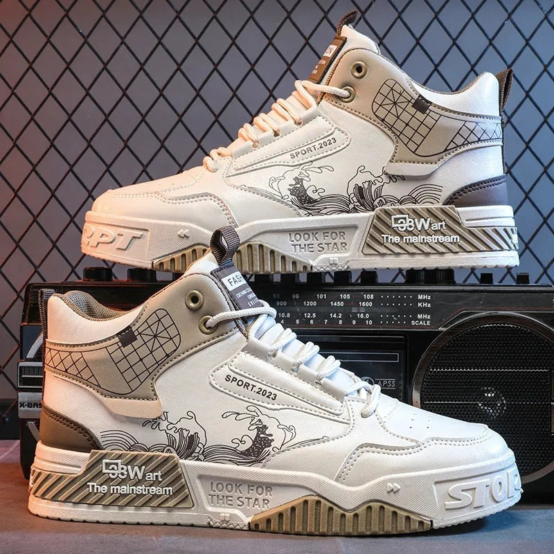Men's beige high-top board shoes with white laces and a rubber sole on a plain background.