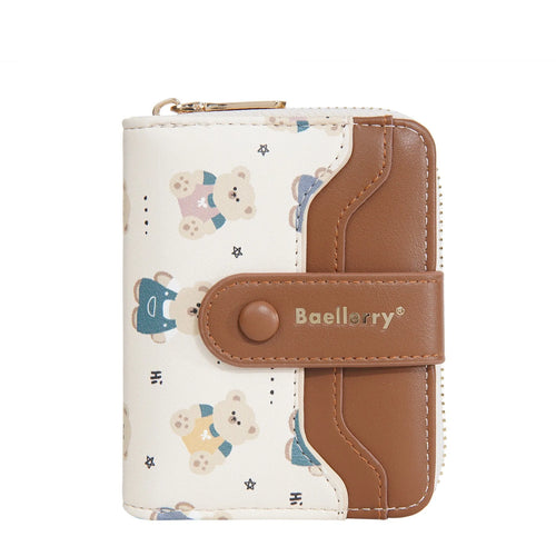Cartoon printed women's wallet in beige with visible sewing thread details and short horizontal shape