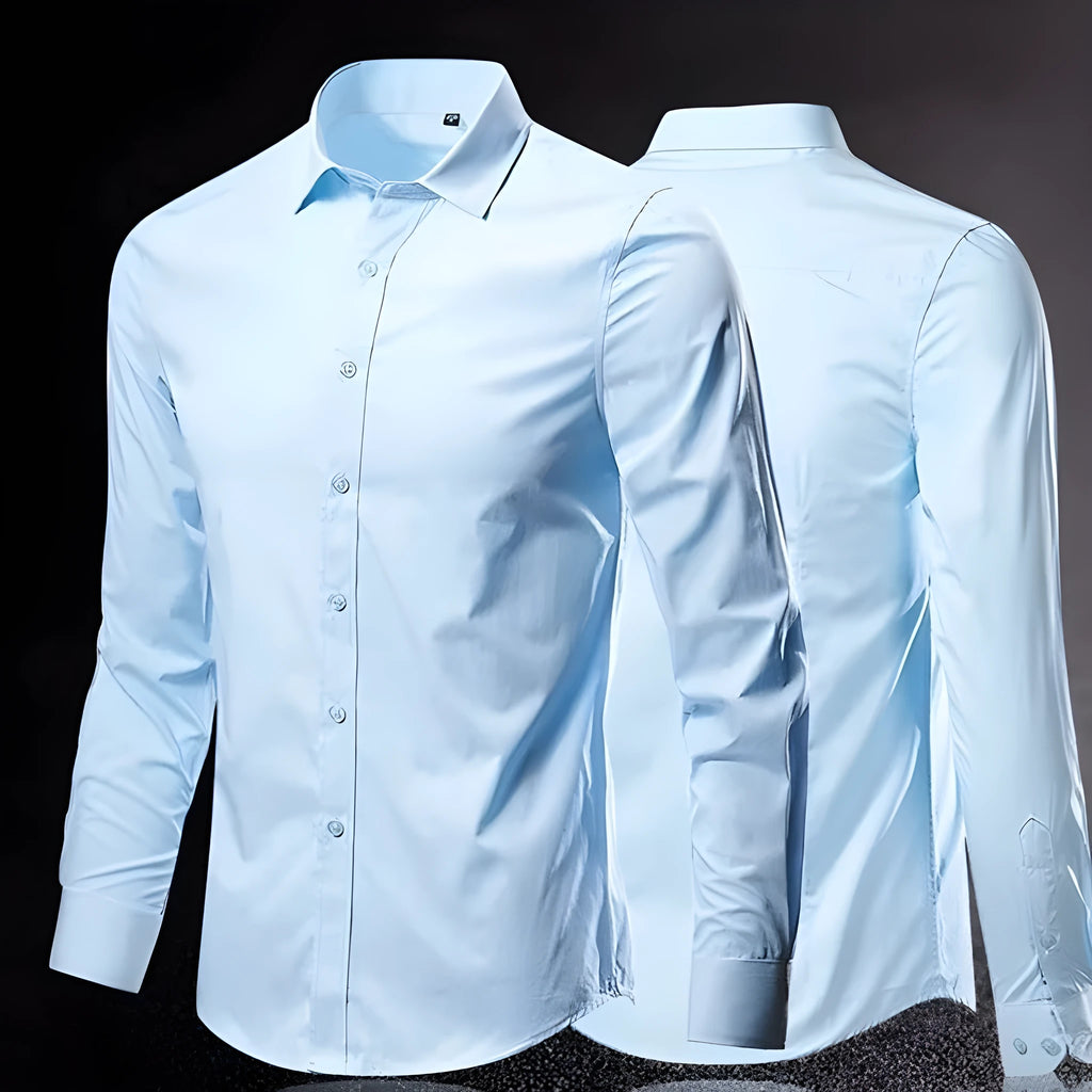 Men's loose fit long-sleeve linen shirt shown in multiple colours including black, white, and navy blue.