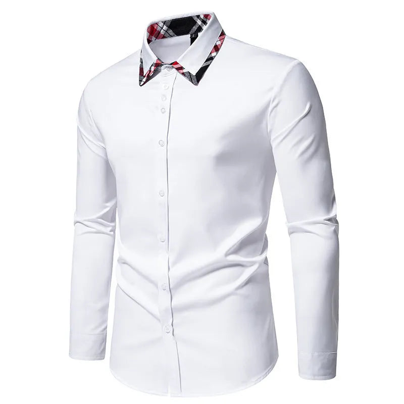 Men's plaid long sleeve shirt with a triangle collar in blue, black, or white.