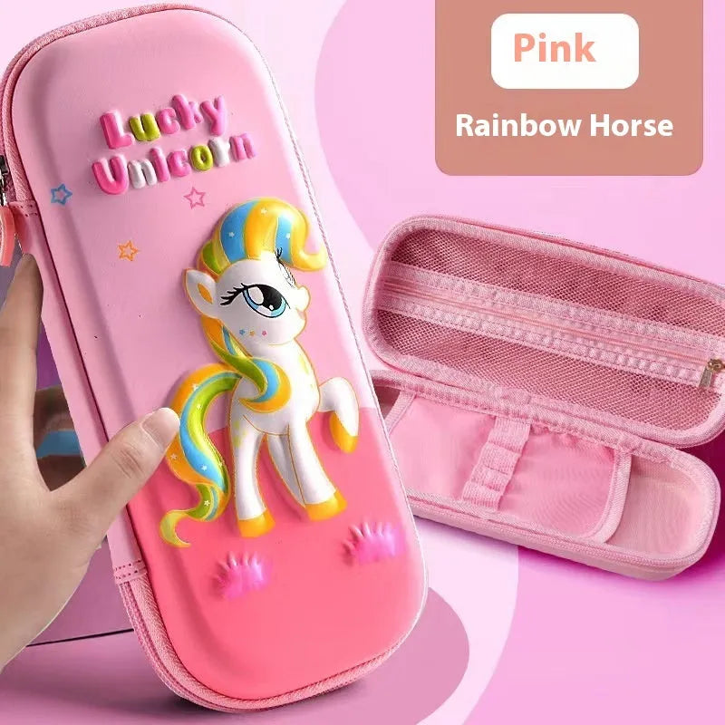 3D leather pencil case with embossed holographic character design showing textured surface detail