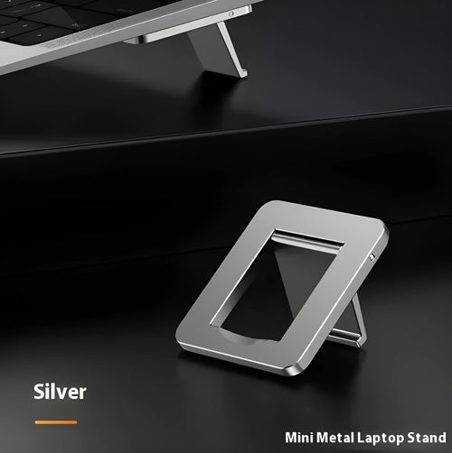 Compact foldable aluminum alloy laptop stand bracket shown in silver and white colour options.