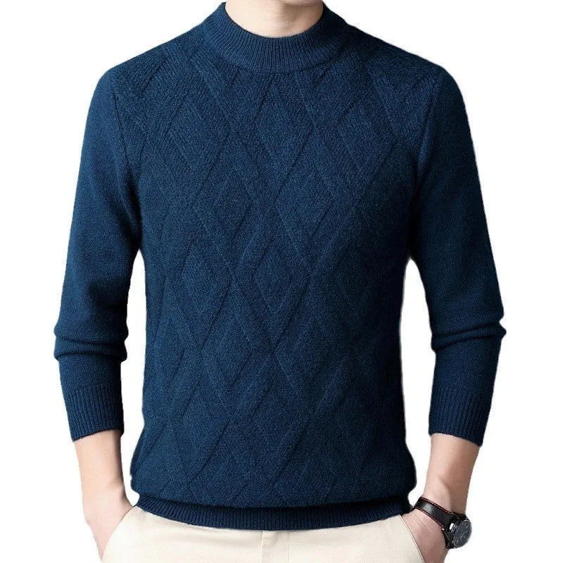 Men's diamond jacquard winter wool sweater in light camel colour, plus size thermal pullover