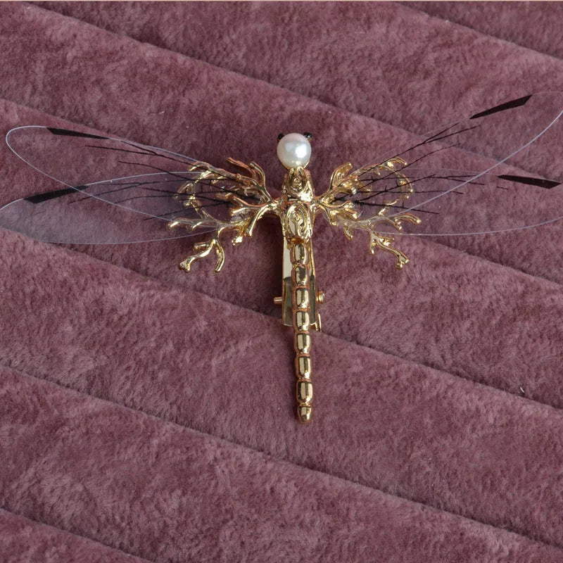 Golden dragonfly-shaped side clip headdress hair accessory for women