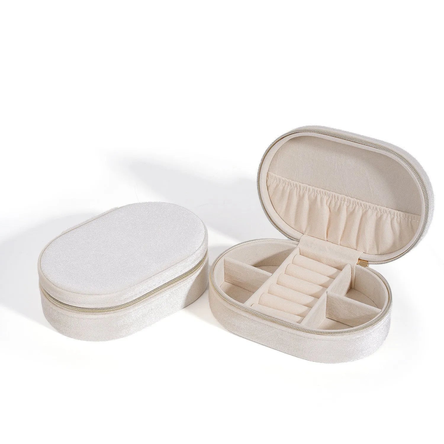 Oval velvet jewellery storage box in Korean style with flannel interior, showing colour options including lake blue, pink, and beige