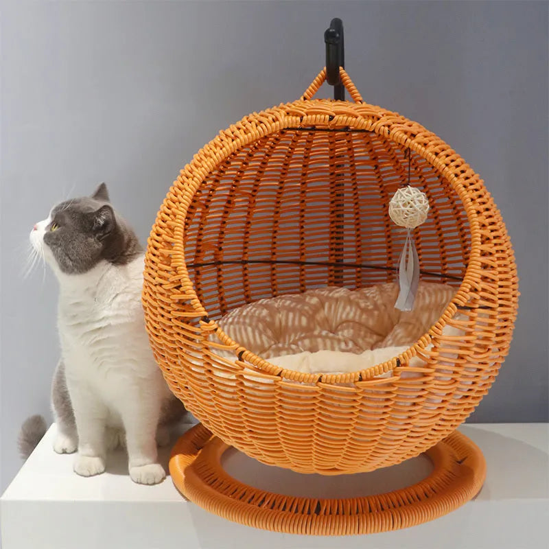 Rattan cat nest hanging basket semi-closed large size natural colour woven from PP rattan and seaweed