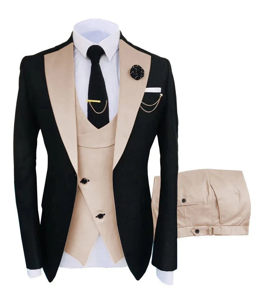 Men's slim fit three-piece business suit in cotton with vest, coat, and trousers