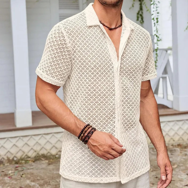 Men's short sleeve mesh cardigan shirt in cotton blend fabric available in beige, black, and white colours
