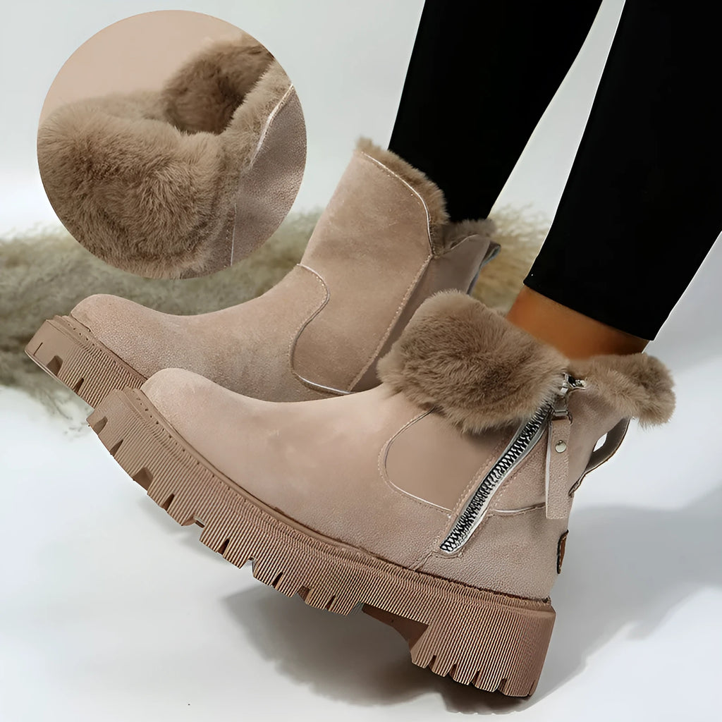 Black high-top women's snow boots with side zipper and faux fur cuff