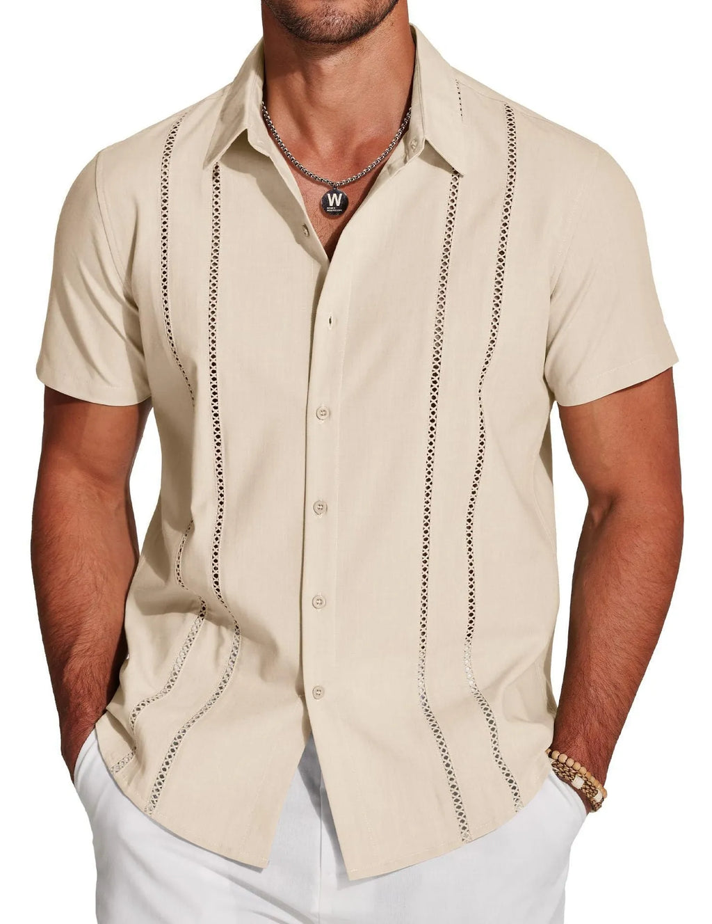 Men's slim fit cardigan-style Hawaiian short sleeve shirt with digital print pattern.