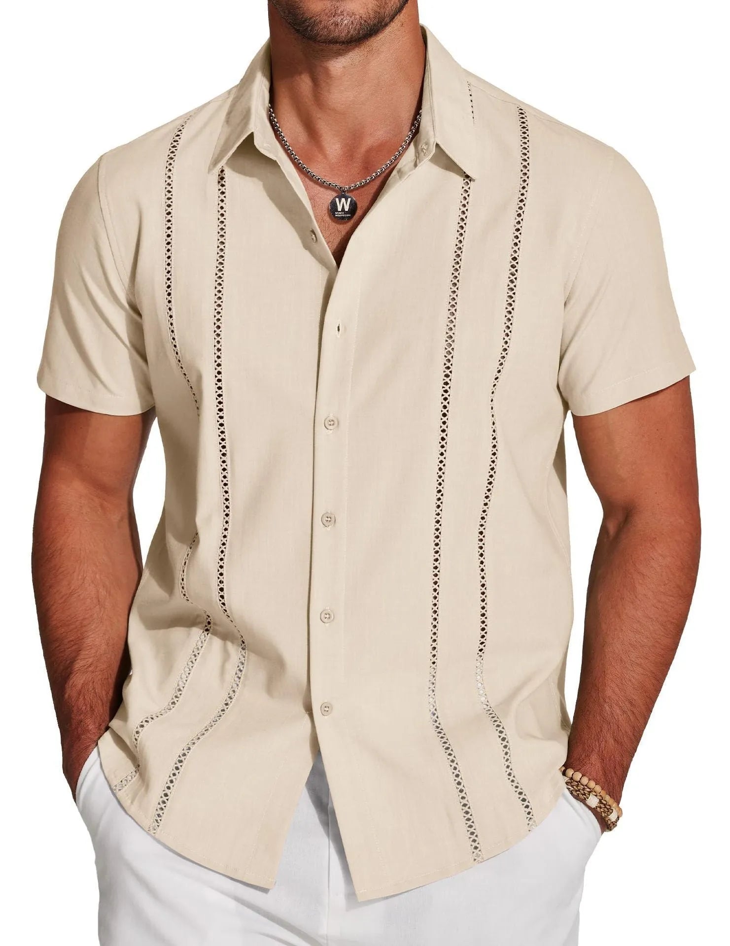 Men's slim fit cardigan-style Hawaiian short sleeve shirt with digital print pattern.