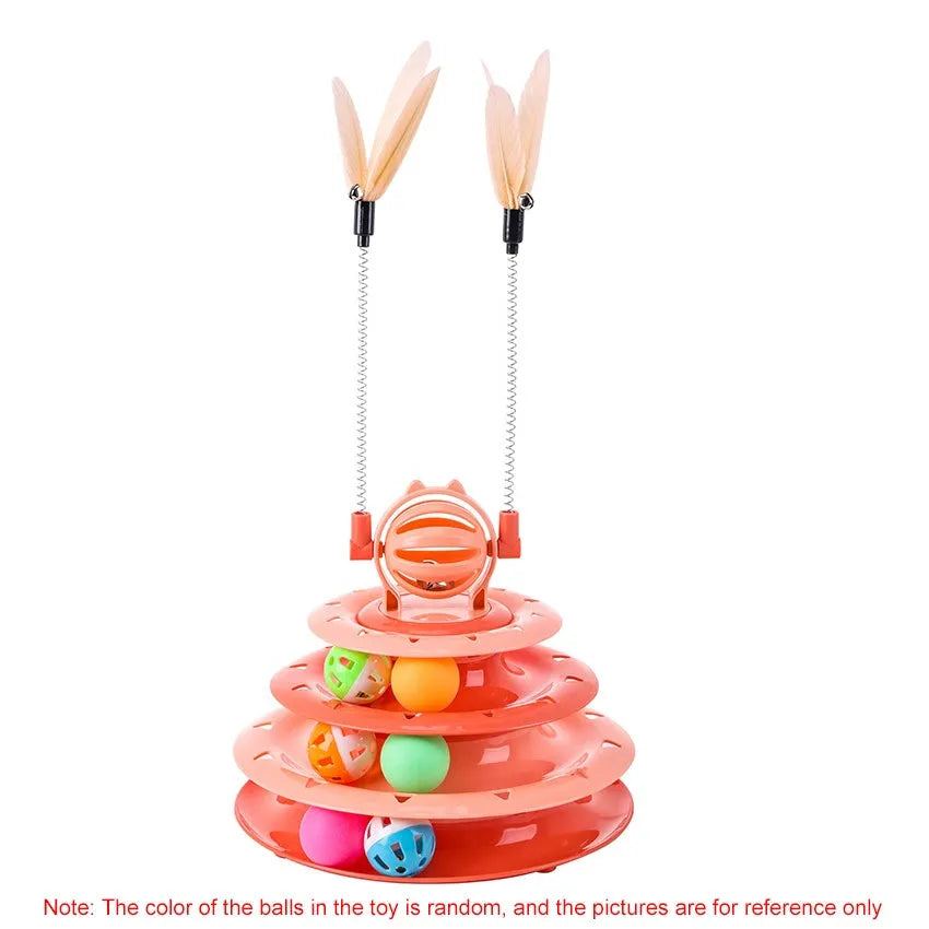 Blue 4-tier interactive cat carousel toy with coloured balls and teasing rods