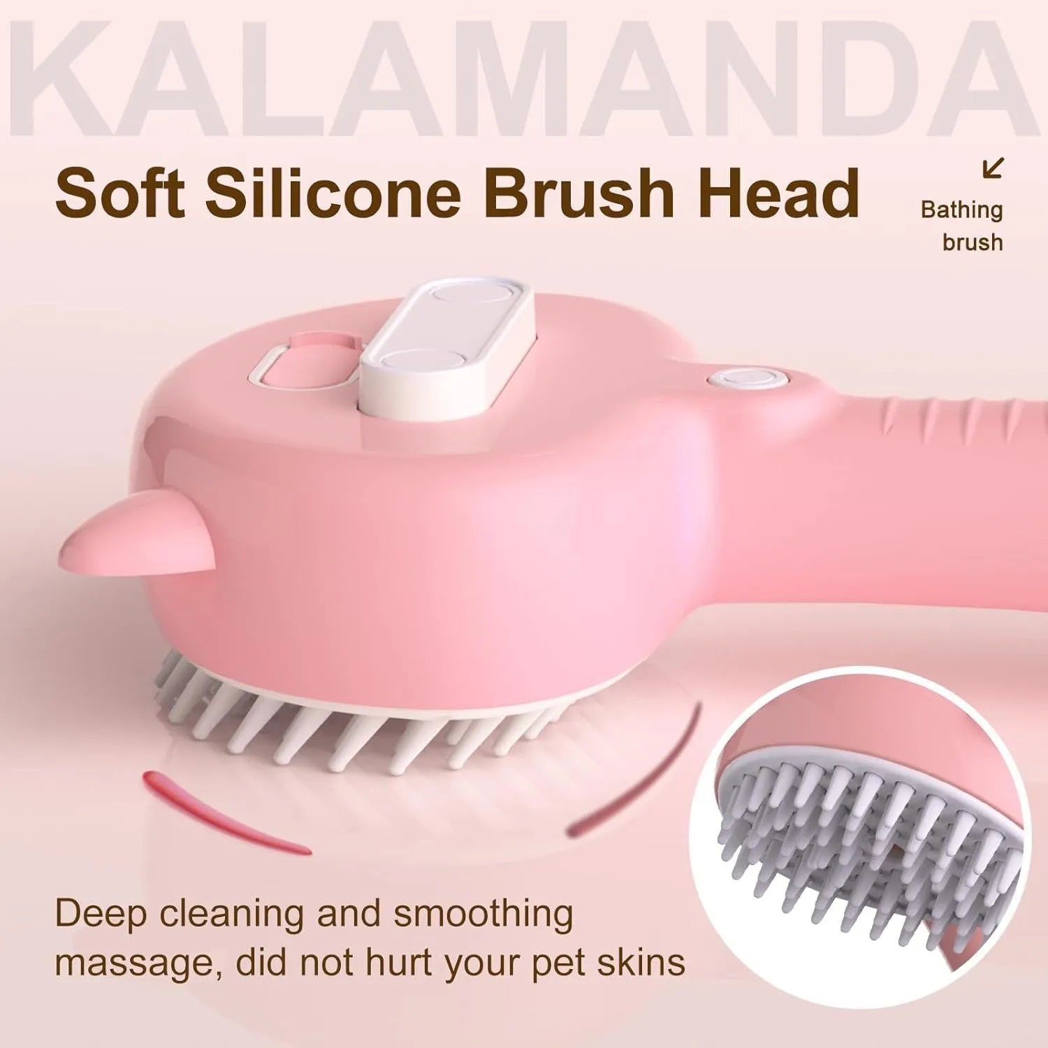 Blue cat-ear shaped steam brush for pet grooming with rubber bristles and a release button.