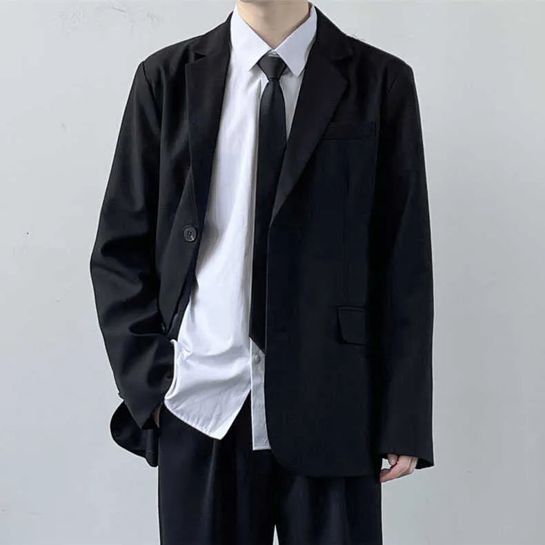 Plus size men's college style loose fit suit set with trousers, white shirt, and red tie