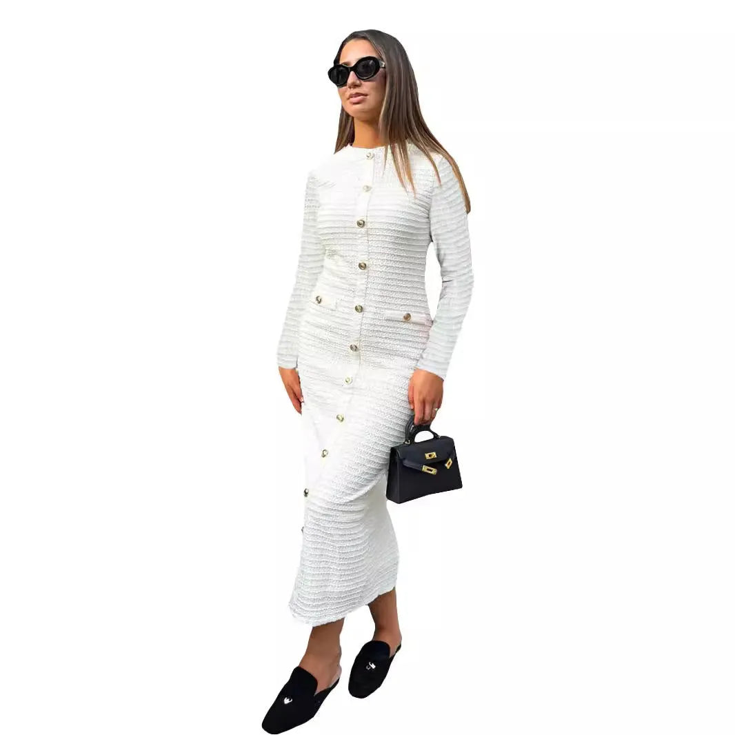French retro slim fit knitted long-sleeved dress with button front in black or white.