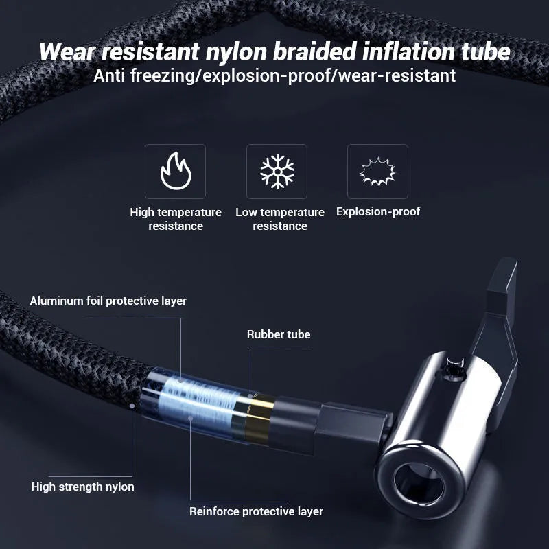 Wireless digital tyre inflator pump with LCD screen, compact ABS housing, and multiple air nozzles