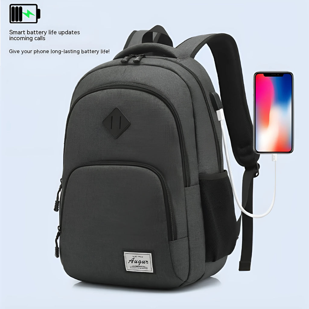 Grey and black nylon USB charging backpack with trolley case slot.