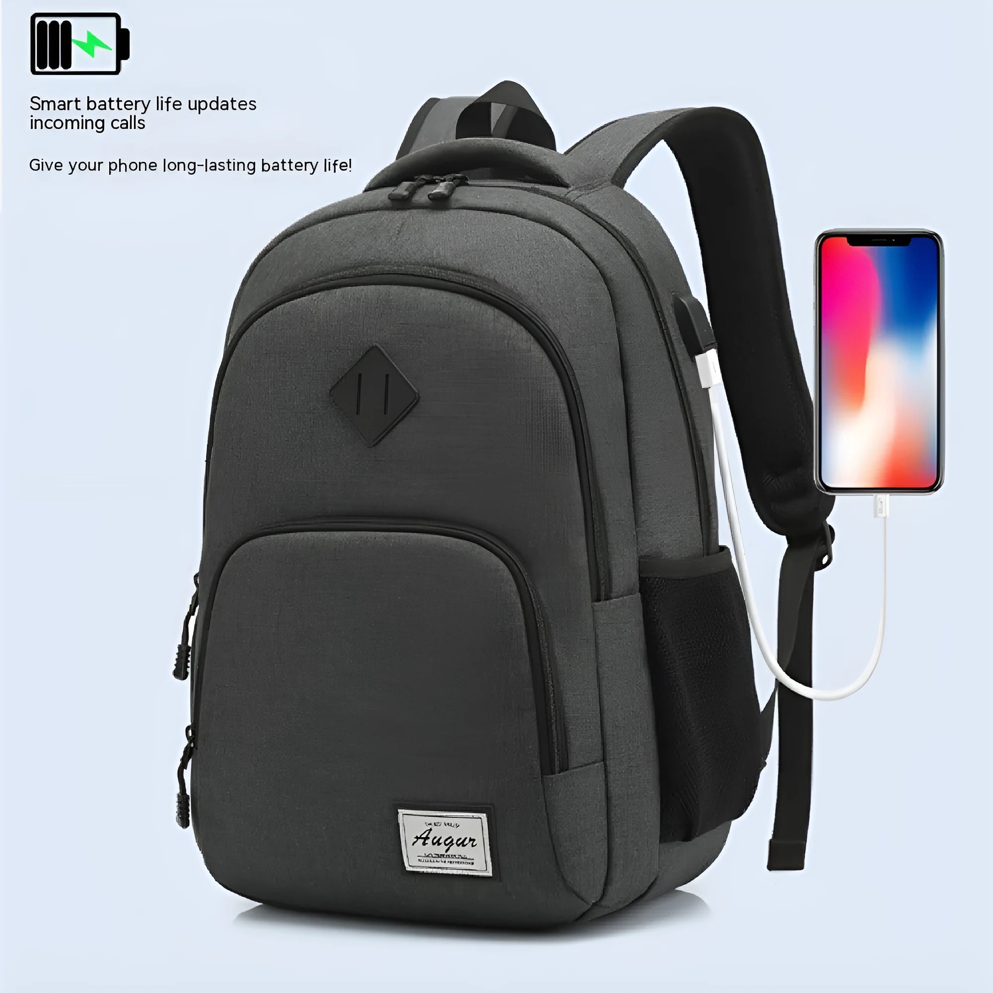 Grey and black nylon USB charging backpack with trolley case slot.
